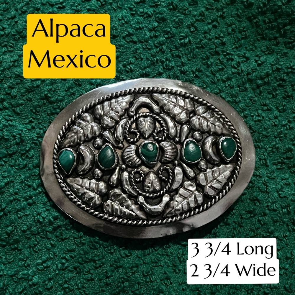 Silver and Green Alpaca Mexico Belt Buckle